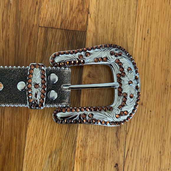 BB Simon Belt Womens Silver Brown Crystal Western Cowboy Rhinestone - Picture 6 of 7